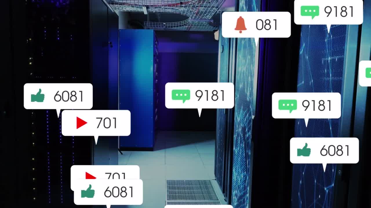 서버 에 있는 데이터 서버 랙 위에 연결된 점 위에 있는 알림 바의 애니메이션