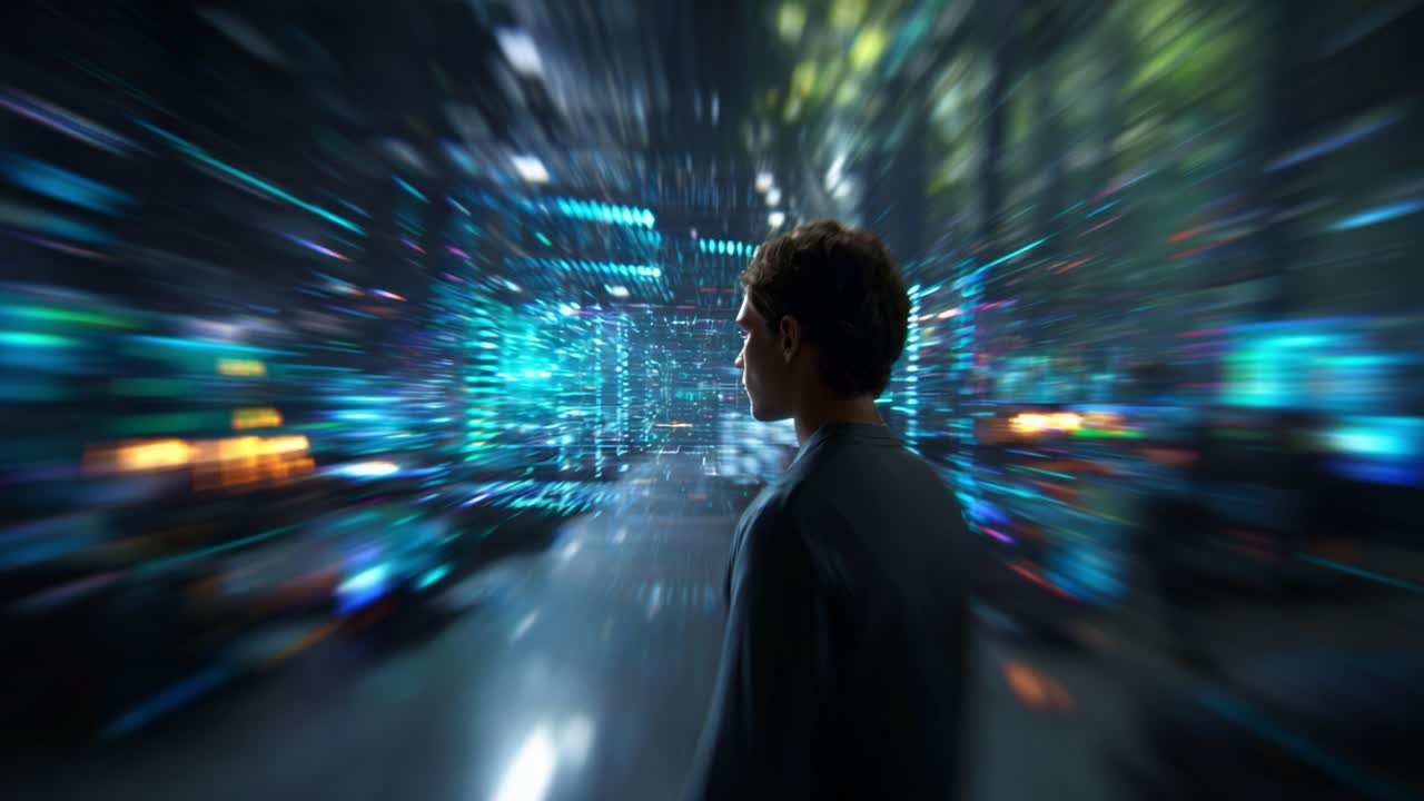 Una figura solitaria si erge in un vivace paesaggio digitale, circondata da luci astratte e flussi di dati sfocati, incarnando l'essenza della tecnologia e dell'isolamento