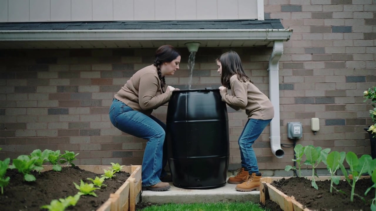 Leaning, mom and child in sweaters at home checking rain barrel for garden water, downspout pouring