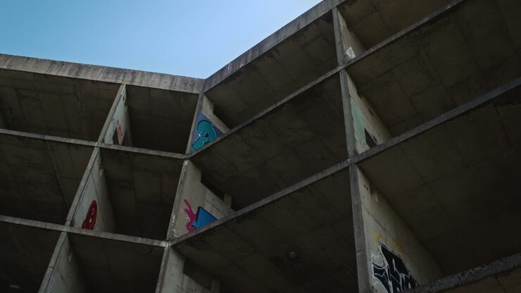 Graffiti tags on the geometric concrete facade of the abandoned University hospital in Zagreb, Croatia