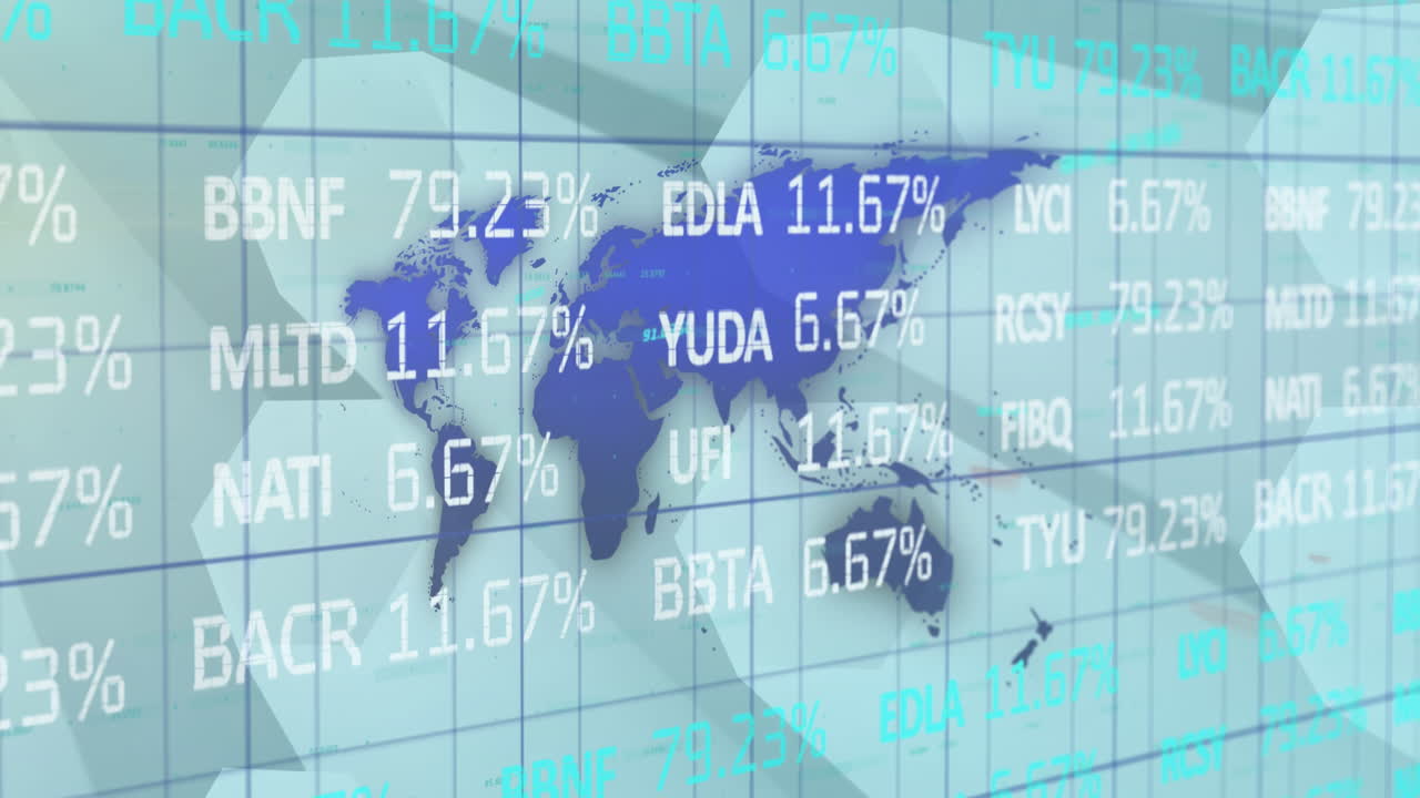 animación del procesamiento de datos financieros sobre el mapa del mundo