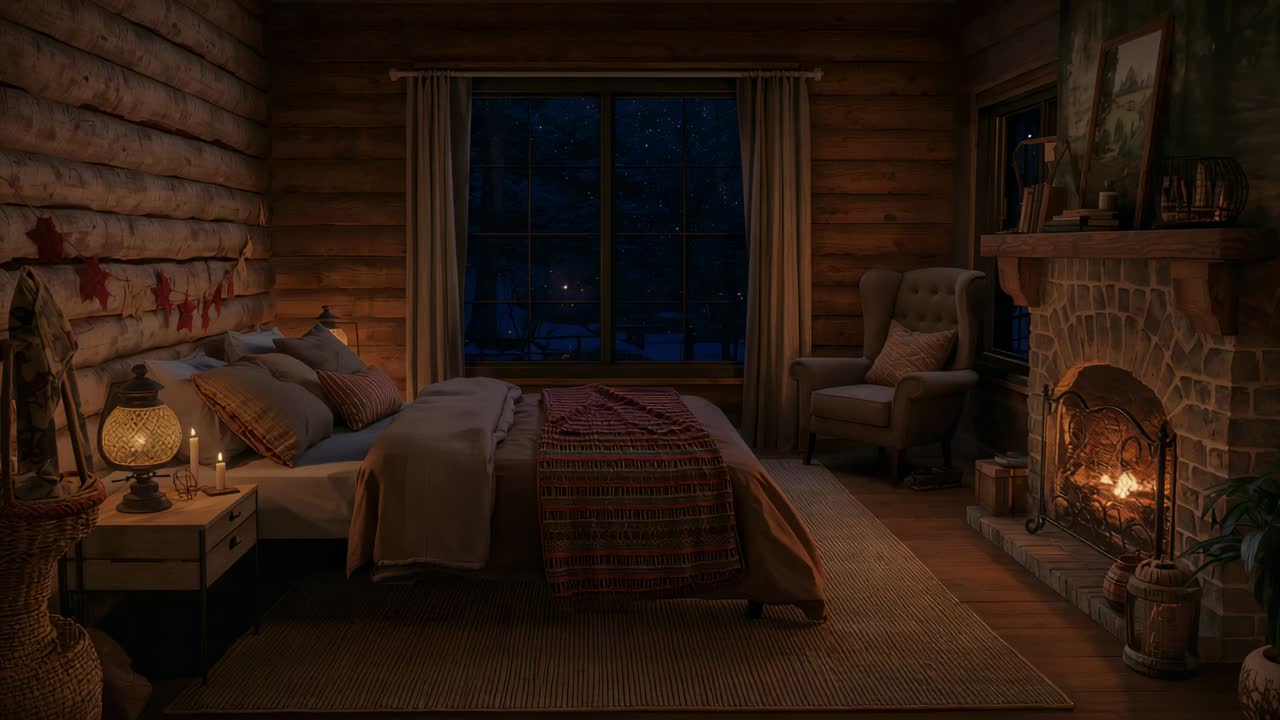 Alejamiento de la cámara que revela el acogedor dormitorio de una cabaña por la noche con la cama hecha, mostrando el techo y las luces