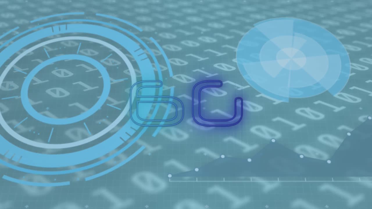 animación de texto de 6g sobre escaneos y codificación binaria en segundo plano
