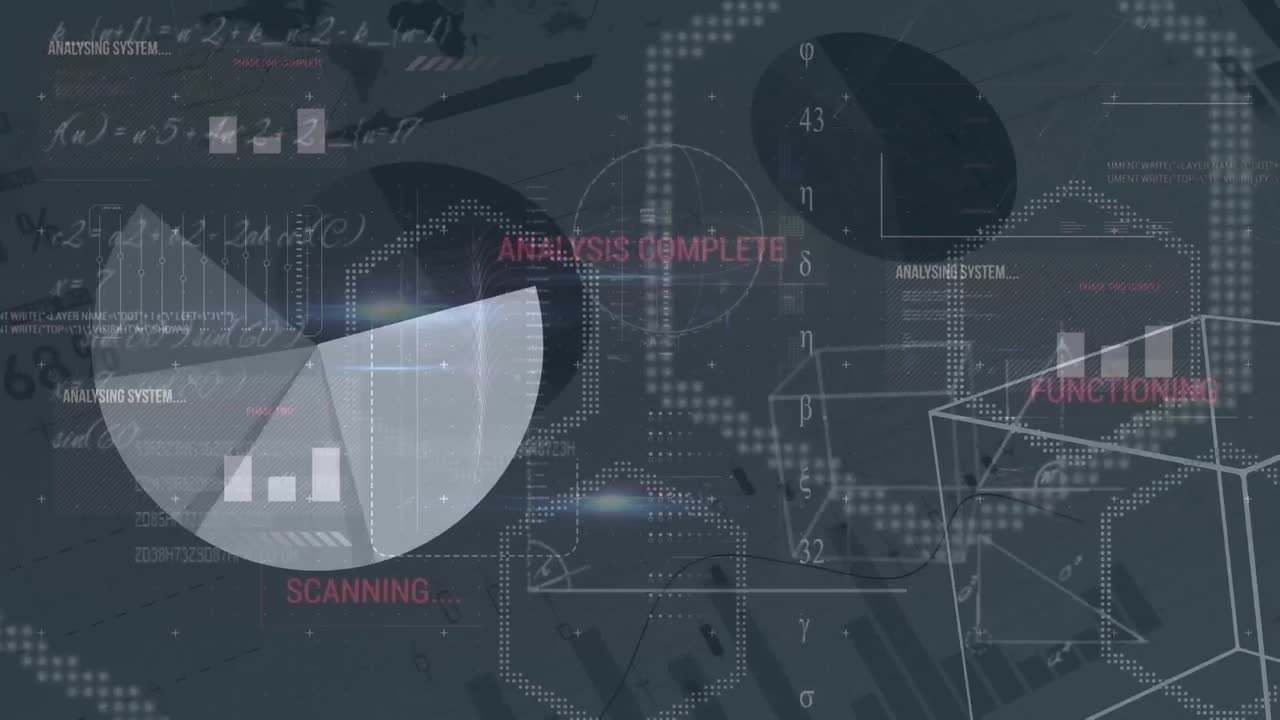 Animation of grey and white graphs and data processing on dark grey background