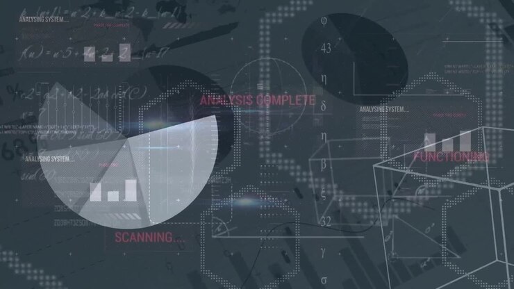 Animation of grey and white graphs and data processing on dark grey background