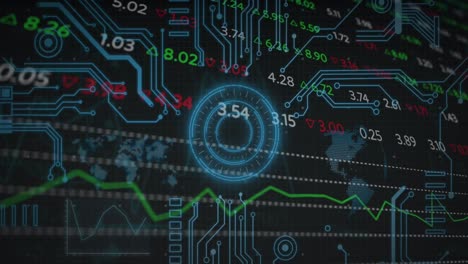 Animation-of-scope-scanning-over-financial-data-processing-on-black-background