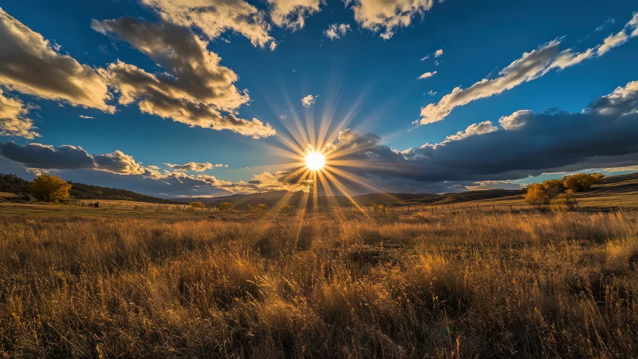 Wide-angle shot of a sunlit meadow with dramatic clouds and golden hues, perfect for a nature video