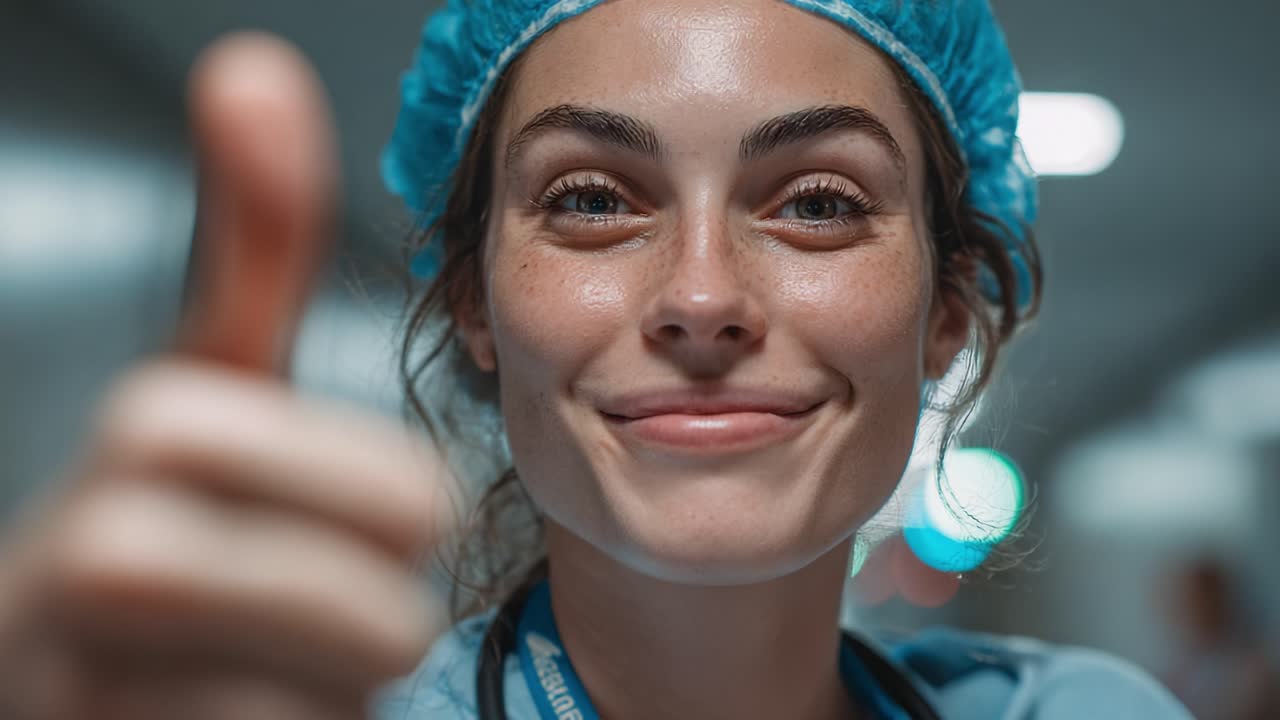 A Confident Medical Professional Gives a Thumbs Up in a Hospital Corridor, Radiating Positivity and Dedication to Patient Care During a Challenging Environment