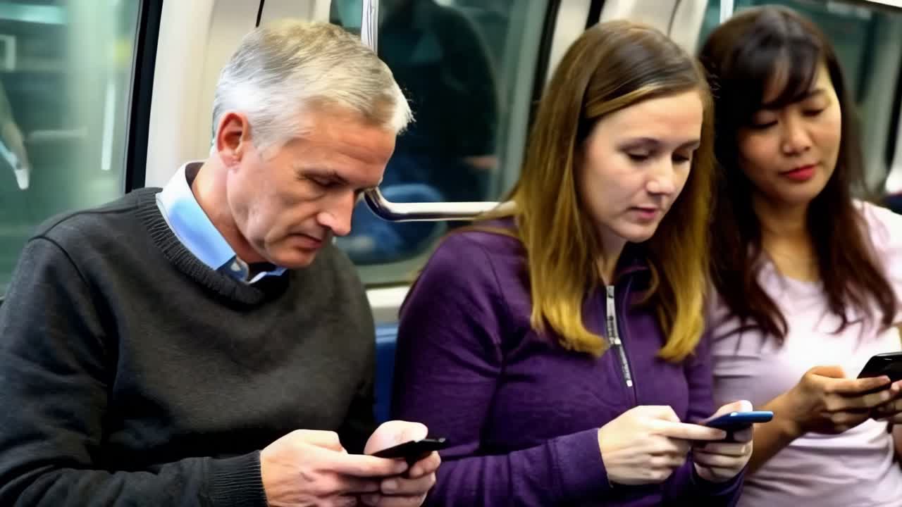 A group of people in the subway, all looking at their phones.