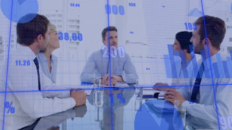 animation of financial data processing over diverse business people in office