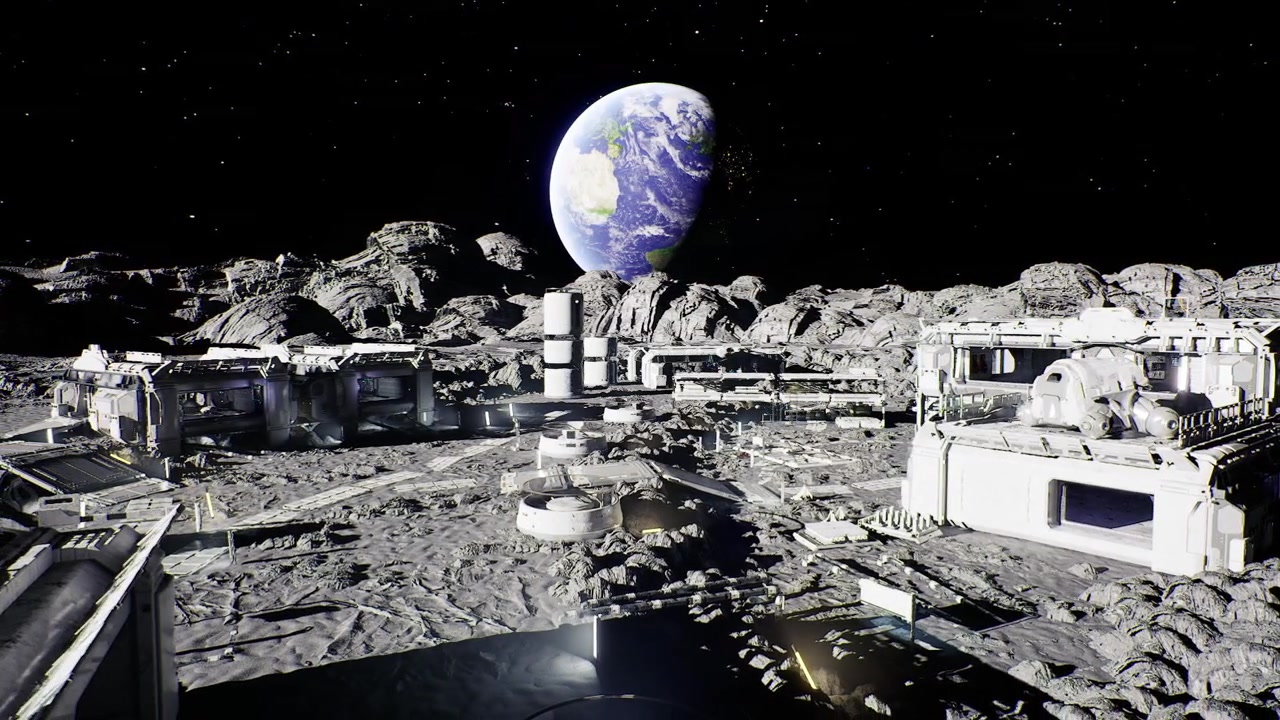 Moon habitat scene futuristic lunar station with reflective pools