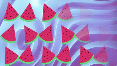 Animation-of-watermelon-over-shapes-on-blue-background