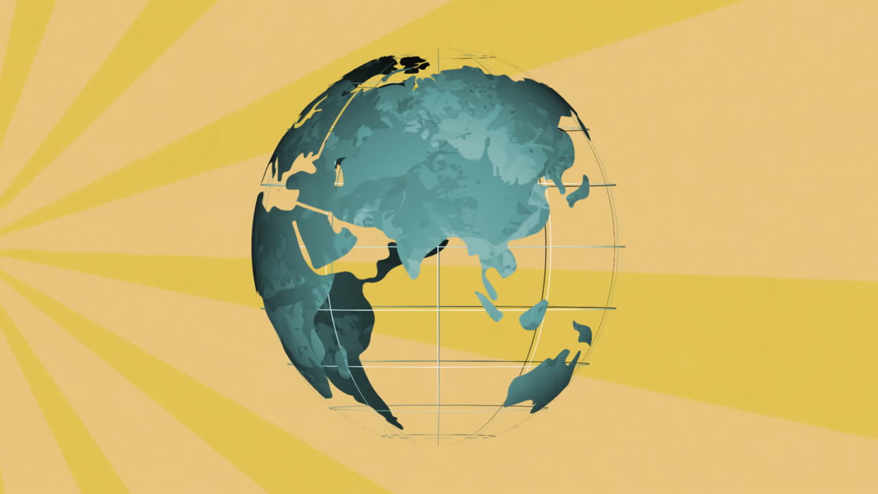 노란색 배경의 줄무 위의 지구상의 애니메이션
