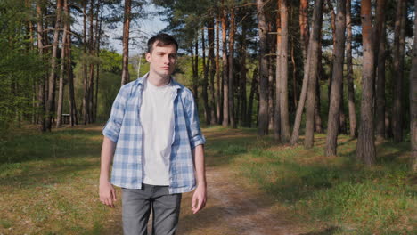 man walking in a pine forest