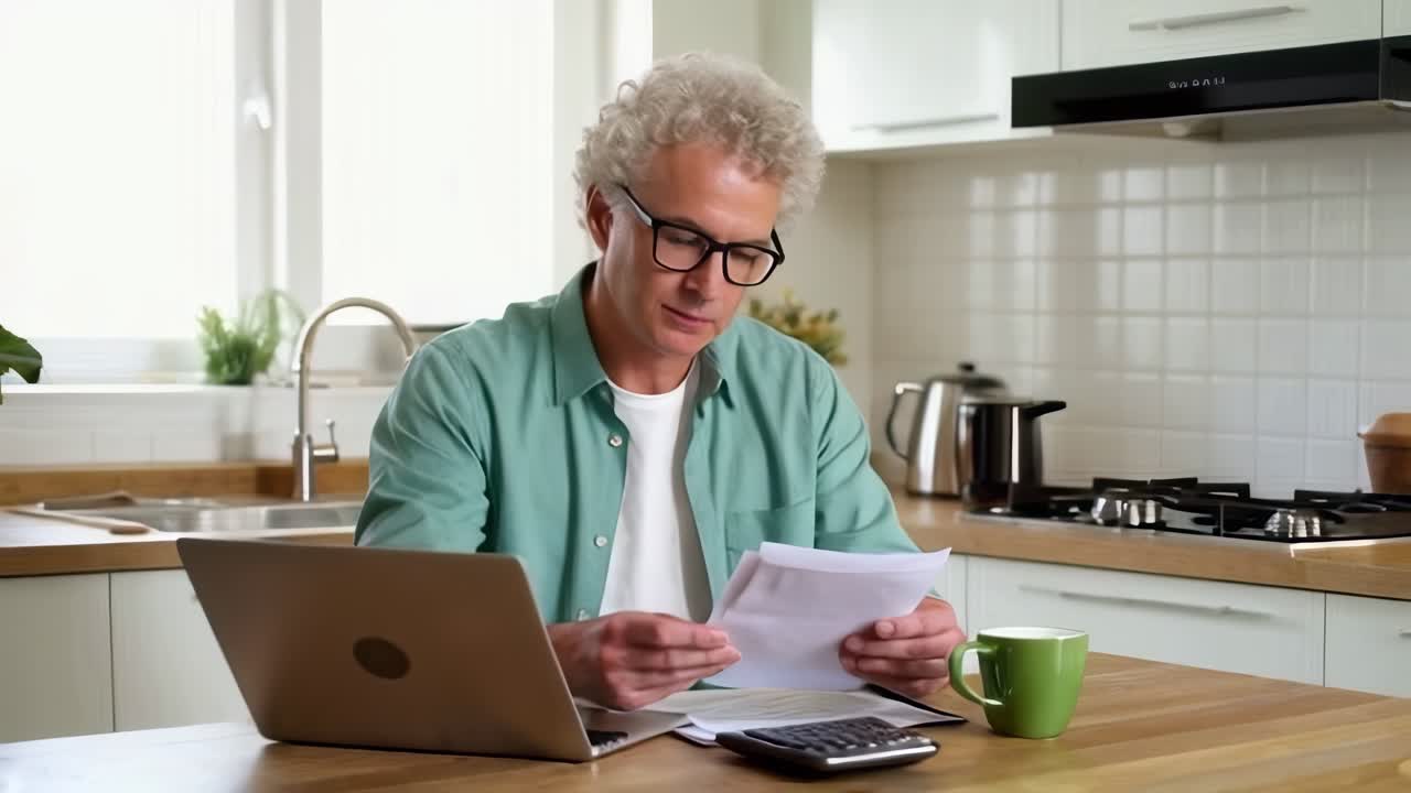 Kaukasisk voksen mand med briller, der arbejder med bærbar computer i sit køkken derhjemme