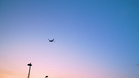 Silhouette-Of-An-Airplane-Flying-Against-Blue-Sky---low-angle