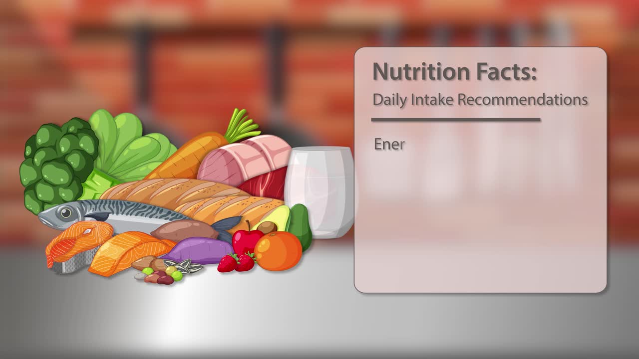 Animated sequence transitions from fresh food ingredients on a kitchen counter to a nutrition facts overlay, using smooth camera movement and soft lighting