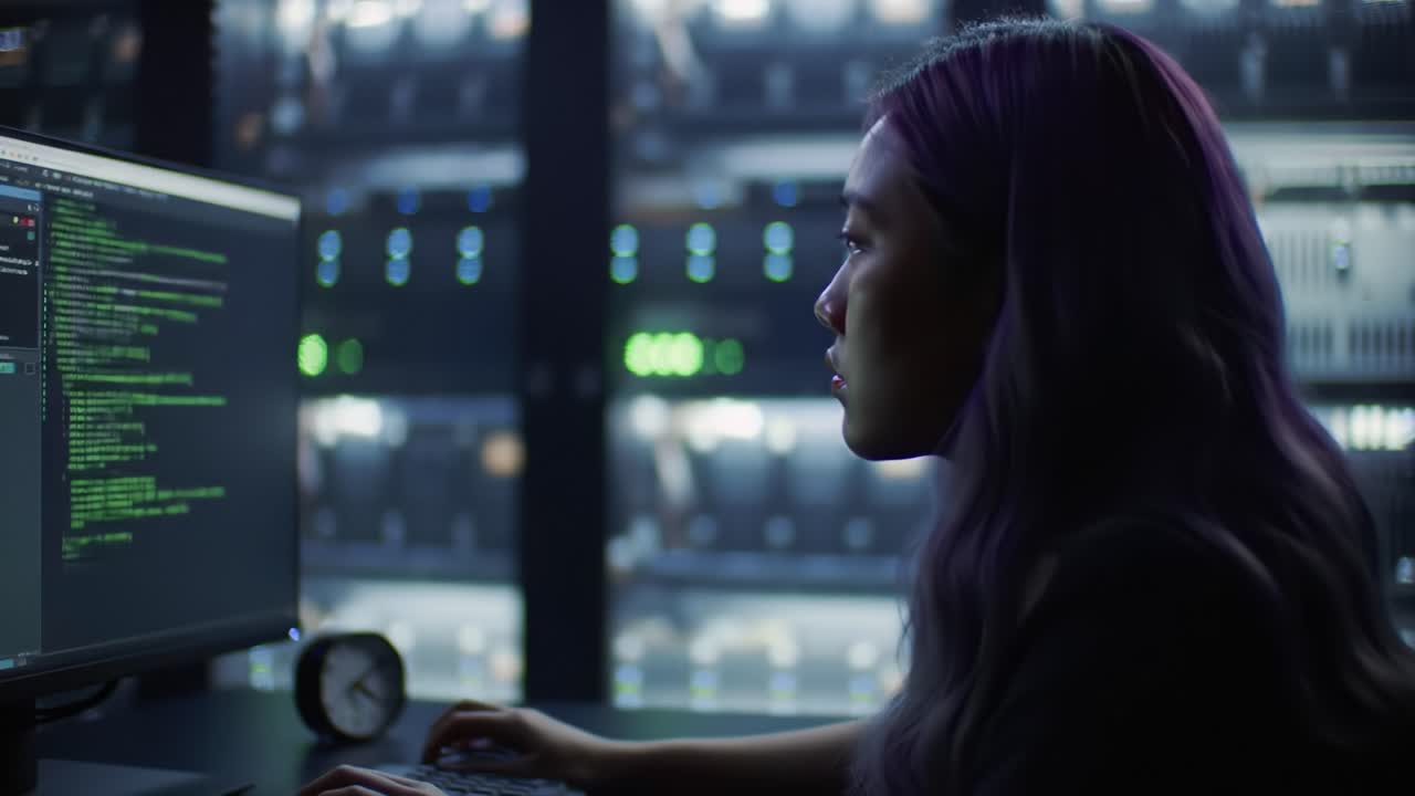 Focused Programmer Analyzing Code in a Dimly Lit Server Room, Surrounded by High-Performance Servers and Ambient Light Creating an Intense Atmosphere