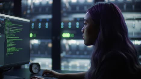 focused programmer analyzing code in a dimly lit server room, surrounded by high-performance servers and ambient light creating an intense atmosphere