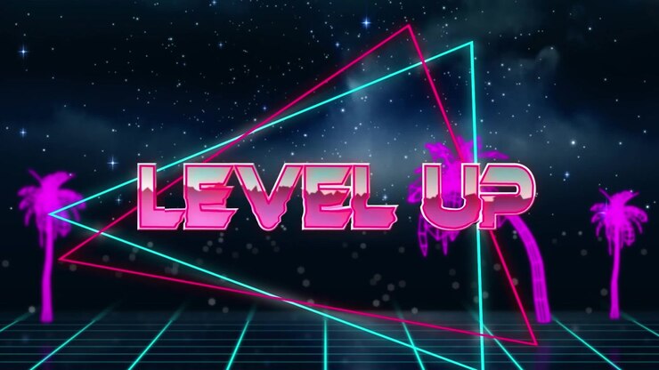 Animazione del testo 'level up' su un banner triangolare e palme su una rete a griglia sullo sfondo dello spazio.