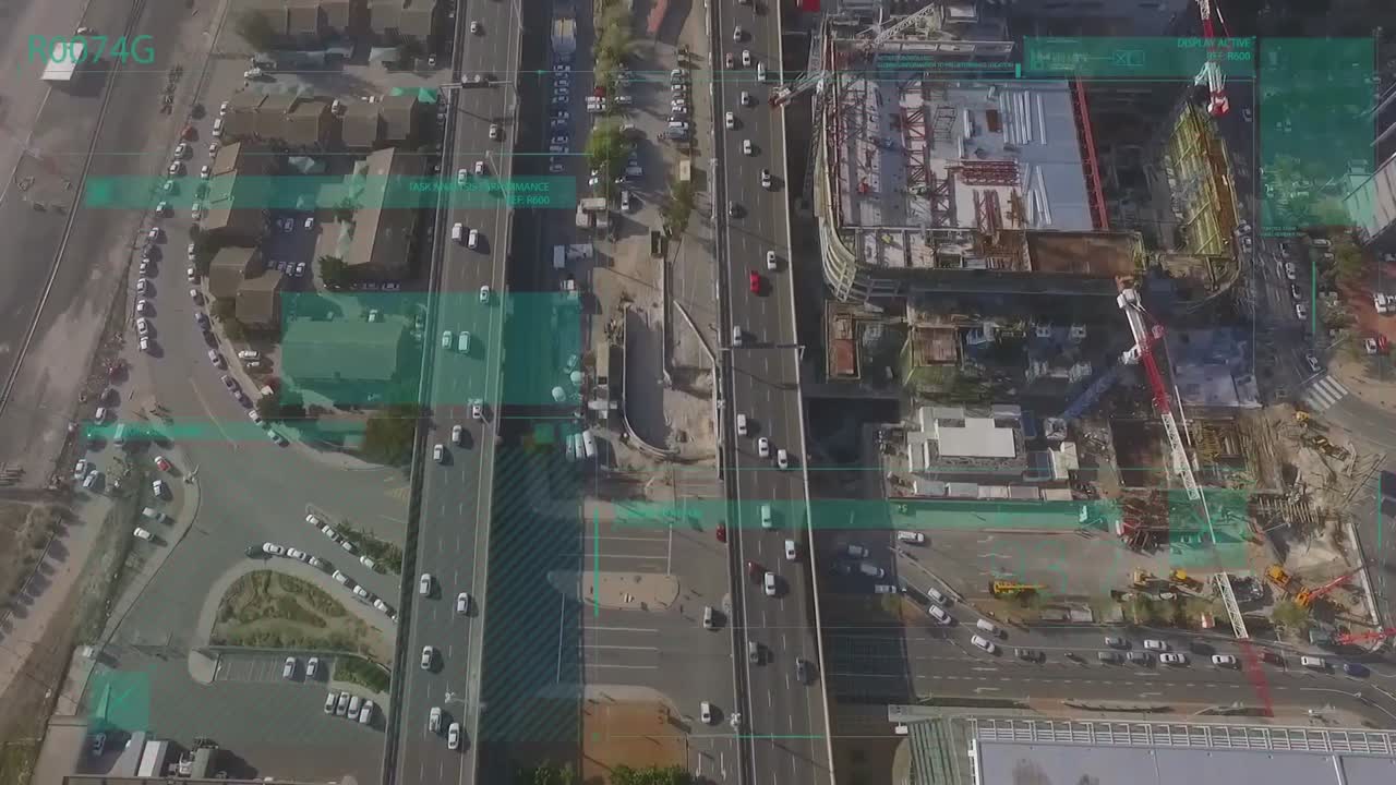 Animation of data processing over cityscape