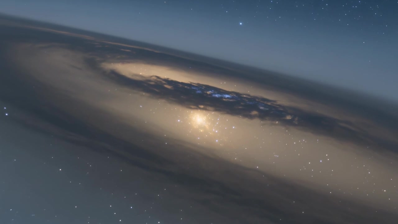 Telecamera panoramica che si muove nello spazio, mostrando una galassia a disco inclinata che si inclina, esponendo la fascia di polvere e il bulge.