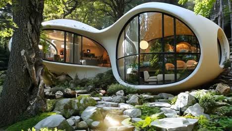 a house in the middle of a lush green forest