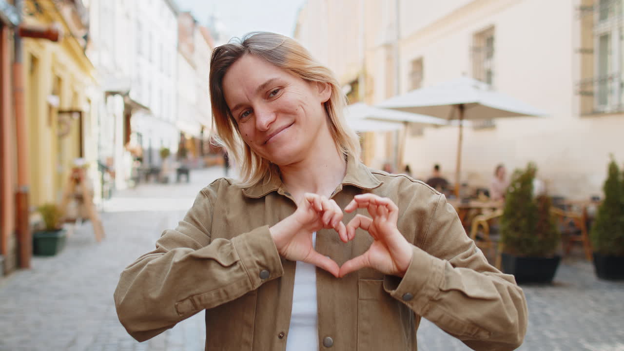Woman makes symbol of love showing heart sign to camera express romantic feelings on city street