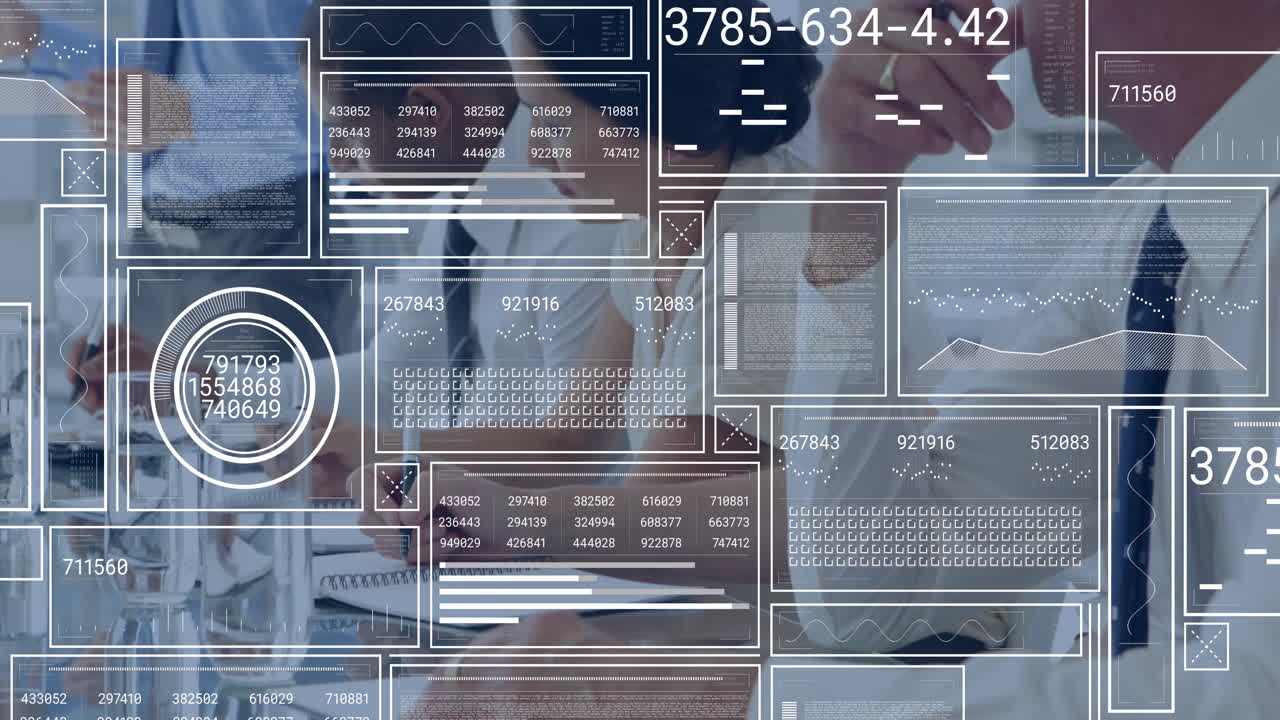 Analyzing data and graphs, business professionals working, animation overlaid with statistics