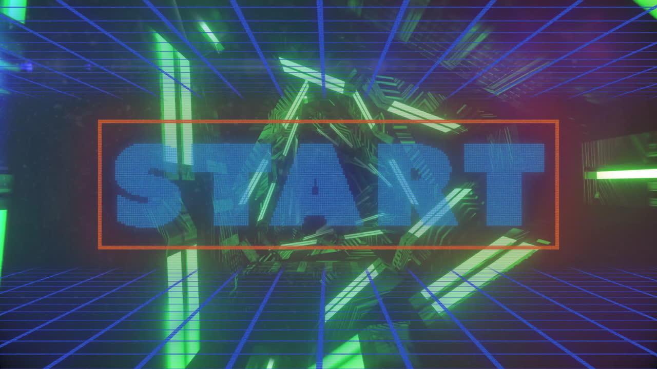 Glowing geometric shapes and START text in futuristic neon grid animation