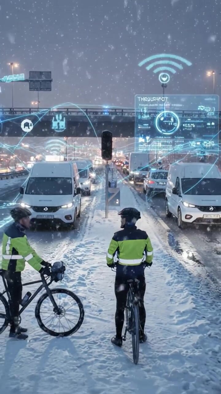 Incrocio stradale con tempo nevoso, ciclisti e funzionalità di tecnologia intelligente, in mezzo all'attività urbana in corso e all'accumulo di neve.
