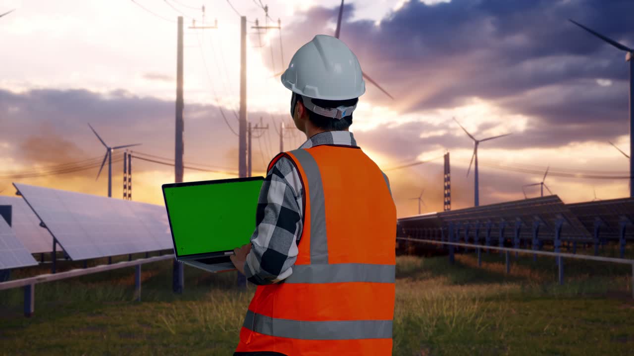 Back View Of Asian Male Engineer With Safety Helmet Working On A Green Screen Laptop And Looking Around While Standing With Solar Panel and Wind Turbines