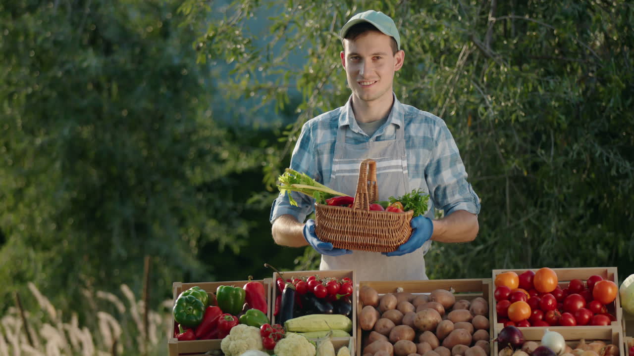 vendedor sosteniendo una canasta de verduras en el mostrador del mercado de un agricultor