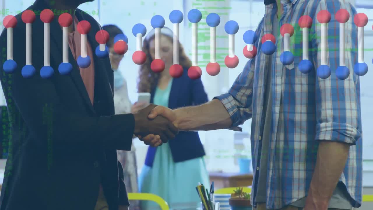 animación de la cadena de adn girando sobre la gente de negocios apretón de manos
