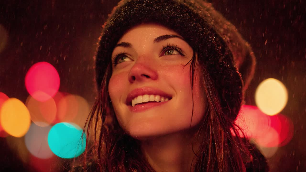 A Joyful Encounter in the Snow: Capturing the Warm Smiles and Radiant Eyes of a Young Woman Amidst a Winter Wonderland of Glowing City Lights