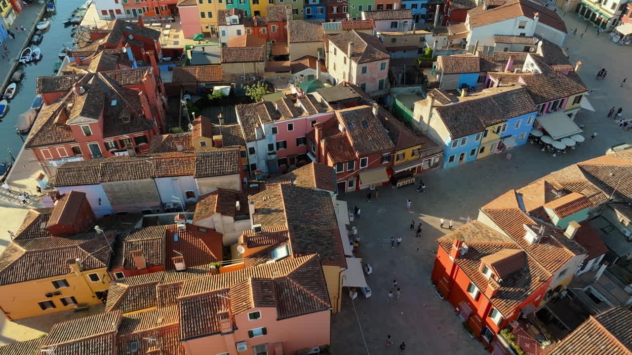 Aerial drone view of the colourful houses of Burano Island, Italy
