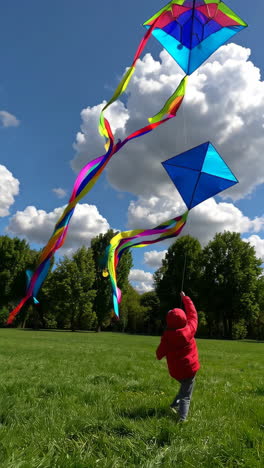 child flying a double kite in a park