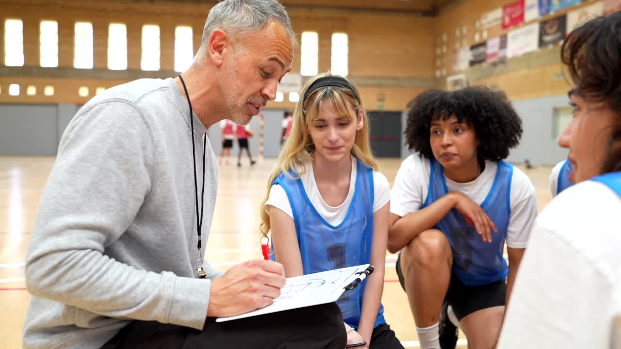 Basketball team meeting with their coach