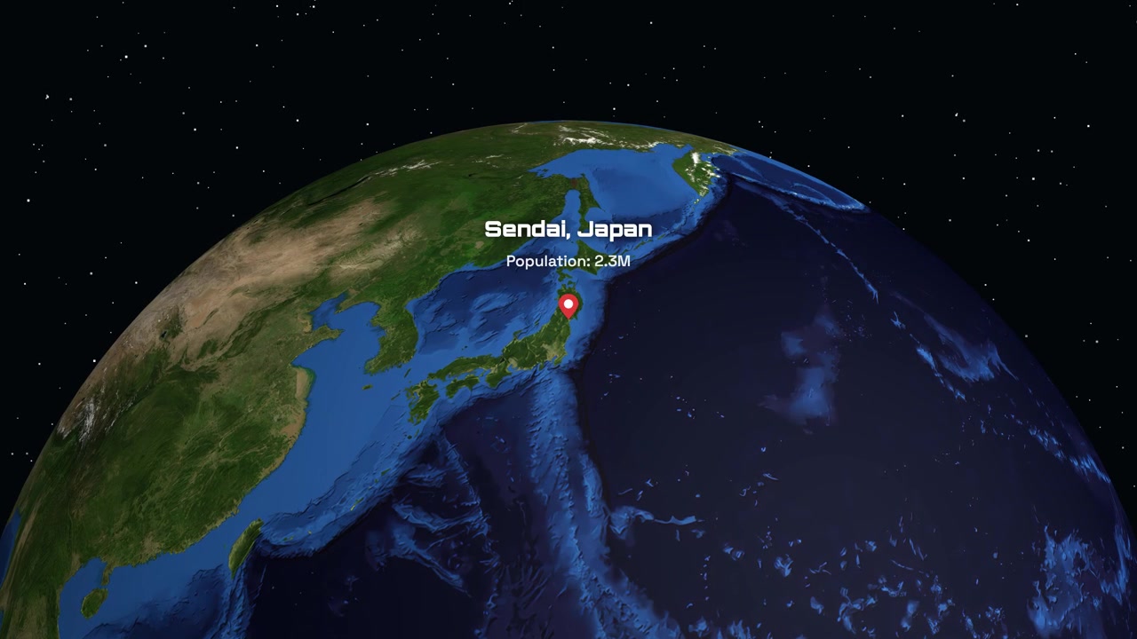 Vista satellitare che ingrandisce Sendai, Giappone, sul globo terrestre