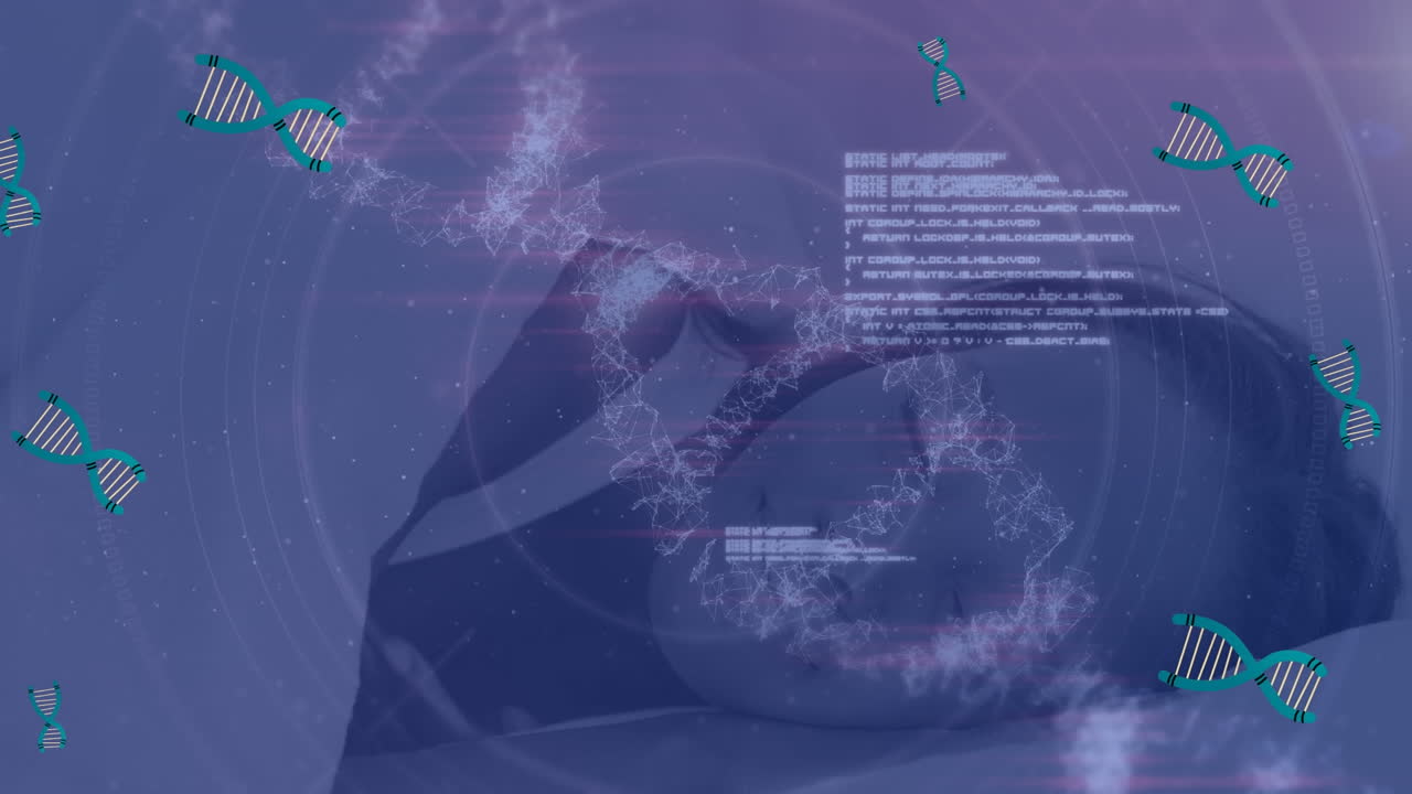 화학적 공식, dna 및 데이터 처리의 애니메이션 - 잠자는 아시아 여성