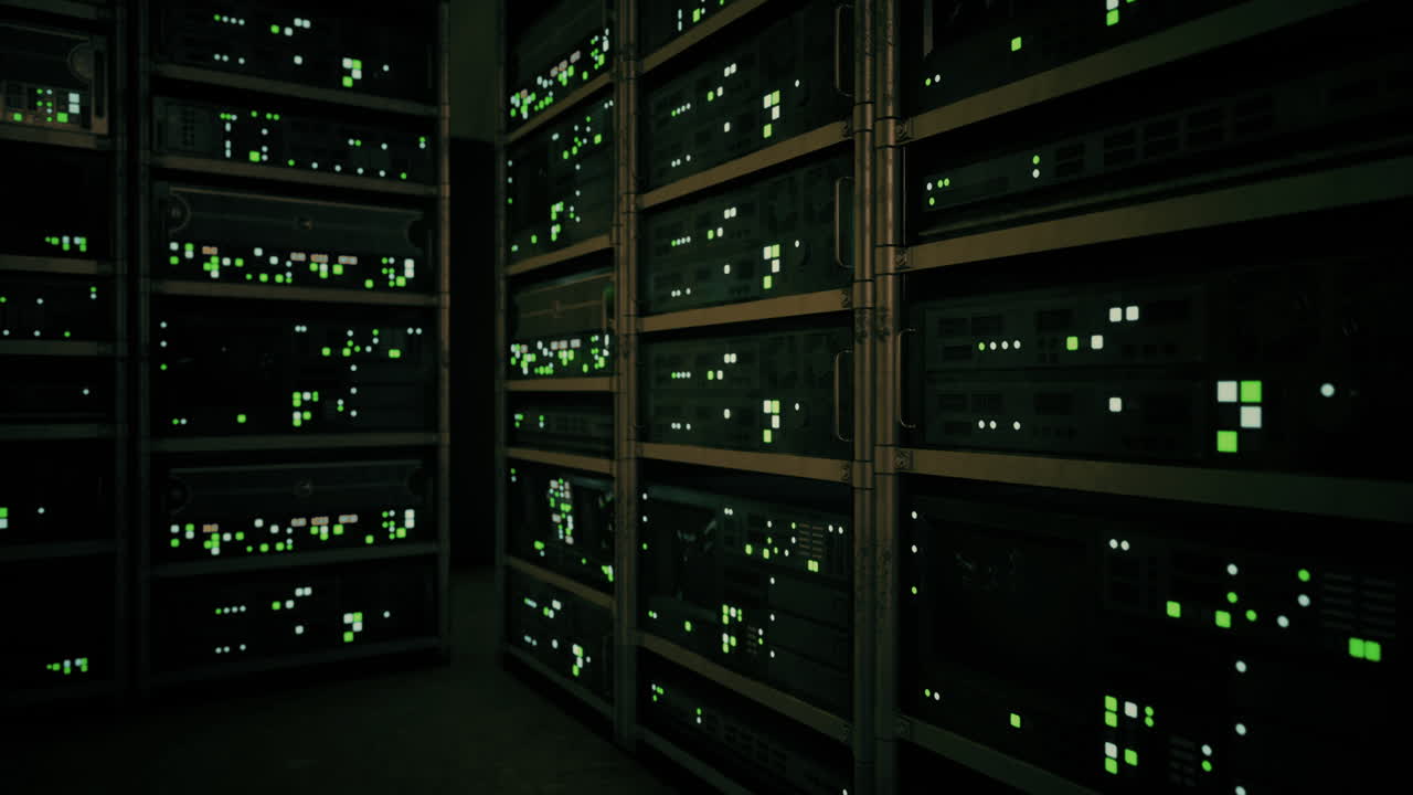 Rows of servers illuminate the dark space with a soft green glow