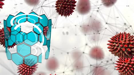 Animation-of-floating-virus-cells-and-rotating-hexagons-on-white-background