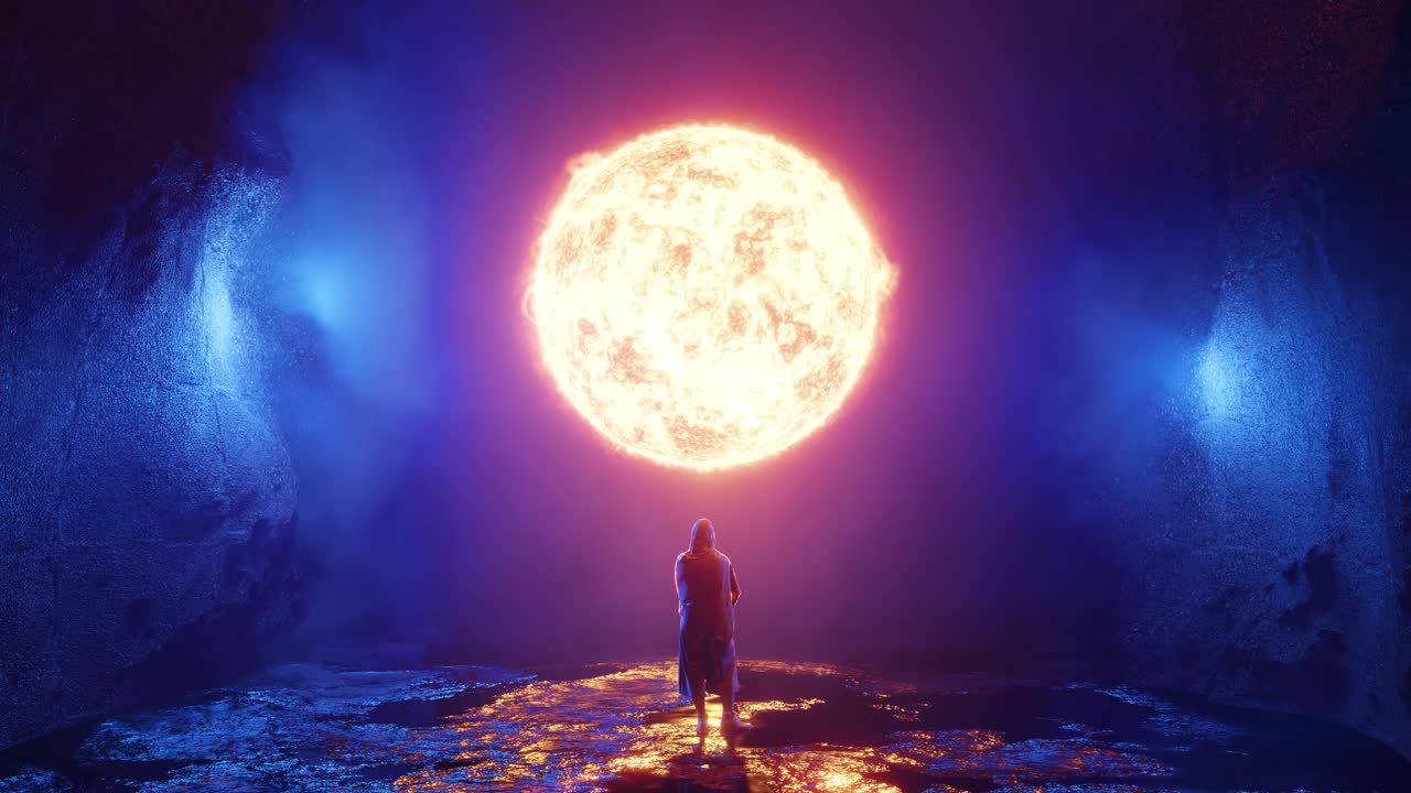 Futuristic traveler admiring burning planet. Sci-Fi scene, 3d animation