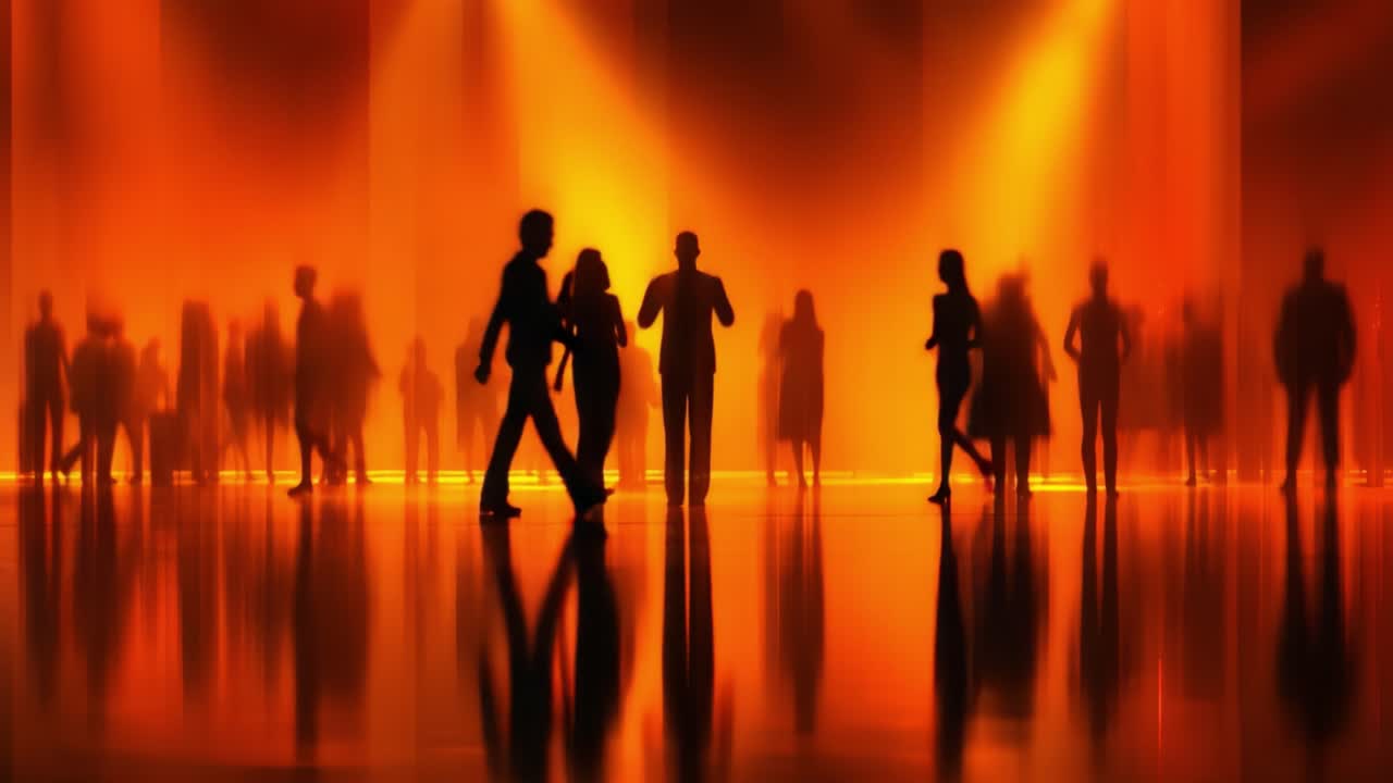 A Captivating Scene of Silhouetted Figures Amidst Warm Orange Lighting, Portraying a Vibrant Interaction in a Dynamic Urban Environment