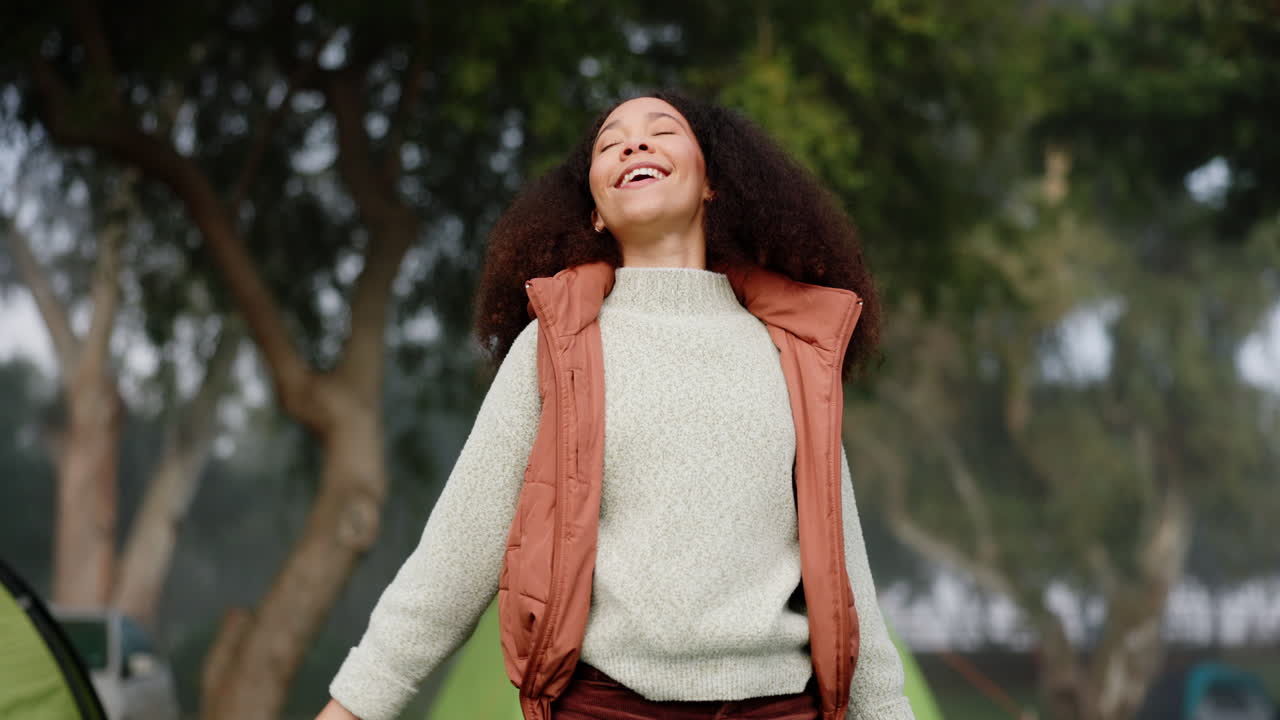 Breathing, freedom and happy woman camping