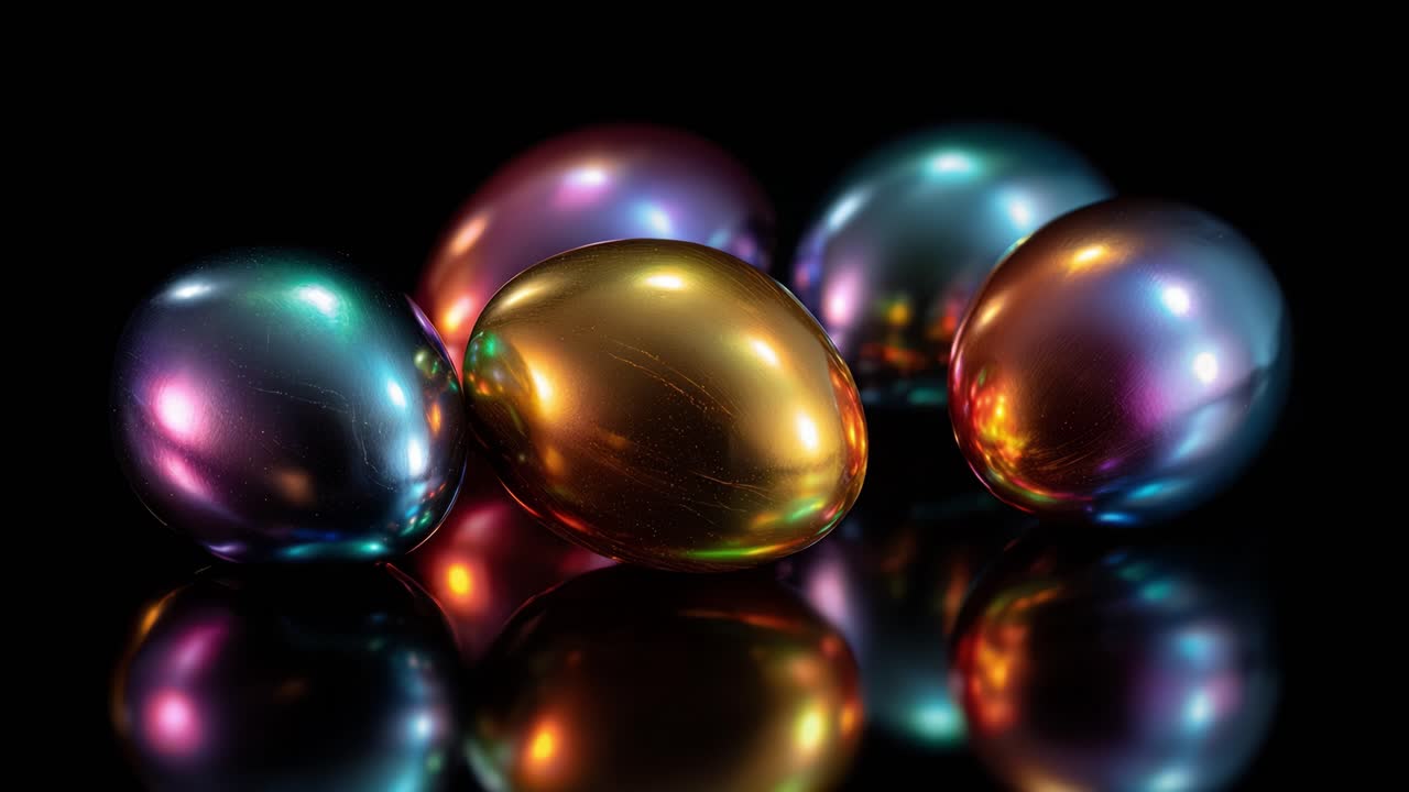 Una magnifica esposizione di uova metalliche colorate che riflettono la luce su una superficie lucida, creando un'atmosfera pasquale vibrante e accattivante di celebrazione.
