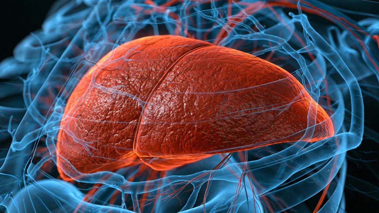 Human liver anatomy model rotating against a blue medical background in detailed footage