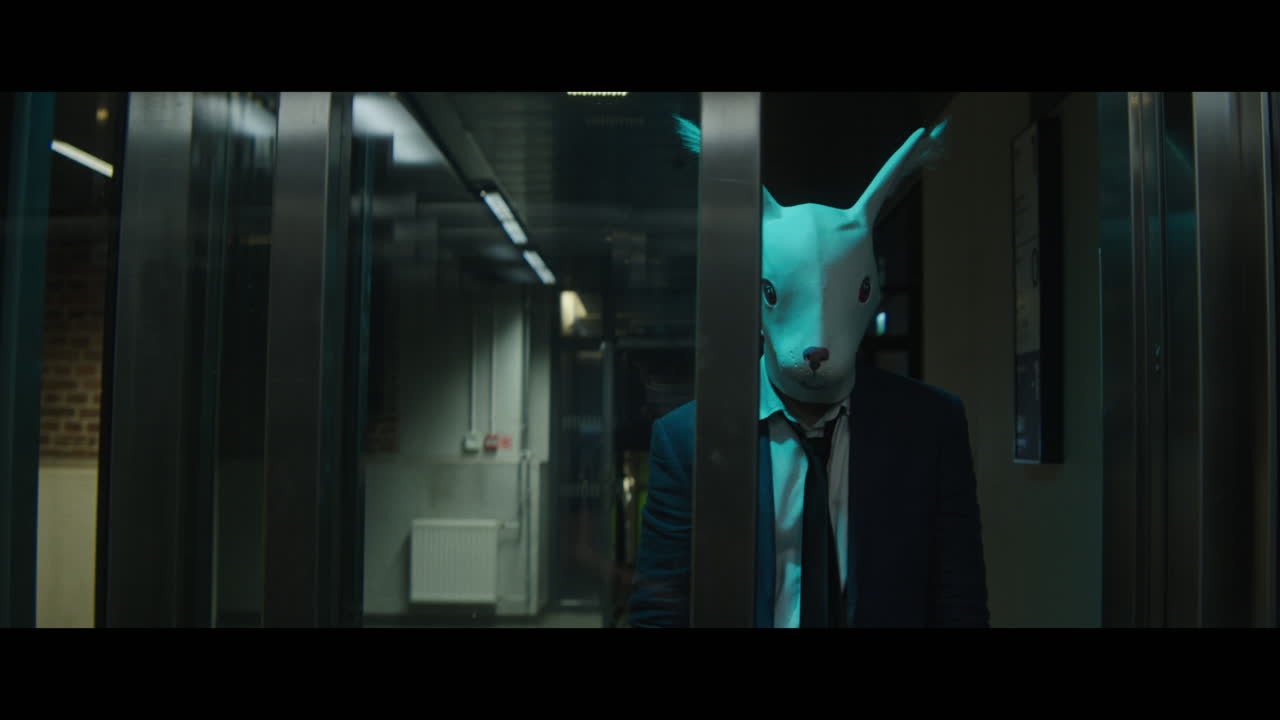 Man with a rabbit head in an elevator