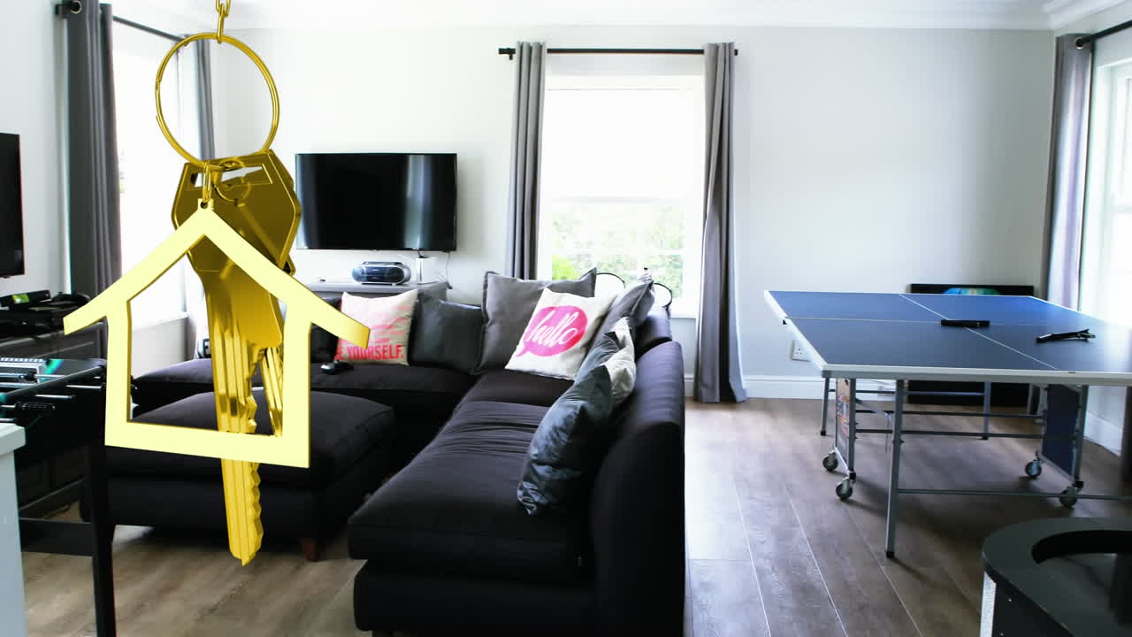 animación de la llave de la casa colgante y el llavero sobre la sala de estar