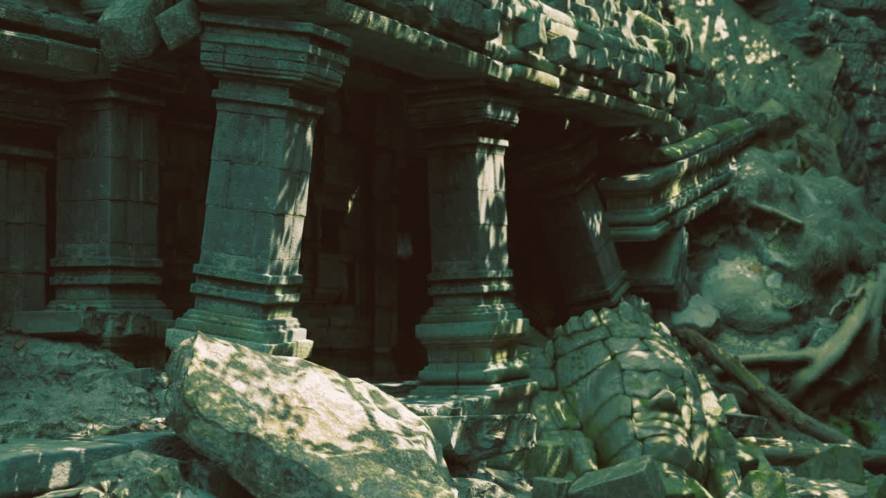 Ancient ruins covered in debris from a recent landslide near the jungle